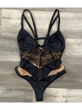 For Love & Lemons BEVERLY One Piece Swimsuit Black Nude Lace Swim Beach Medium